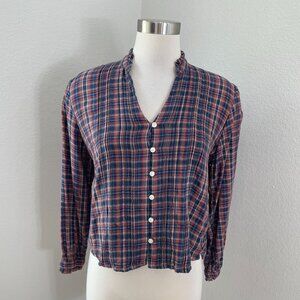 Trovata Birds Of Paradis Womens XS Plaid Button Up Shirt Long Sleeve Ruffle Neck